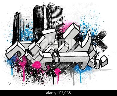 Graffiti city sketch with blue and pink grunge paint splatter Stock Vector