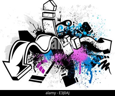 Black graffiti sketch with blue and pink grunge paint splatter Stock Vector