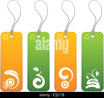 Green and orange product tags with floral icons Stock Vector
