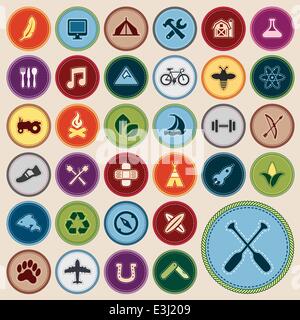Set of scout merit badges for outdoor and academic activities Stock Vector