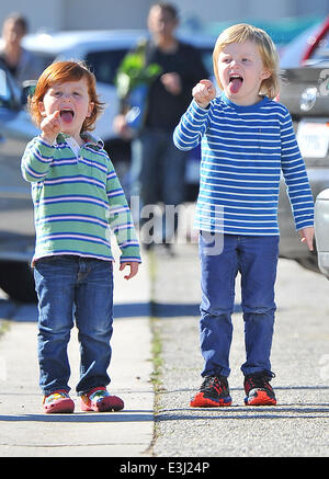 Amy Poehler takes her children Archie and Abel Arnett to a local Farmer