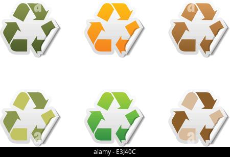 Set of 6 recycle symbol stickers with peeled edge Stock Vector