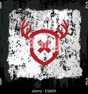 Red antler shield emblem on a gray grunge background Stock Vector