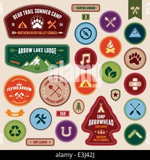 Set of scout badges and merit badges for outdoor activities Stock Vector