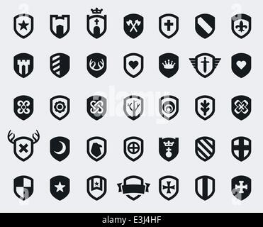 Set of 35 shield icons with various medieval and modern symbols Stock Vector