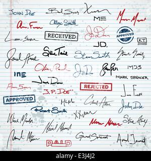 Set of signatures and document stamps on notepad background Stock Vector