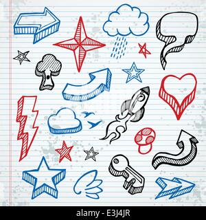 Set of sketched icons and shapes on notepad background Stock Vector