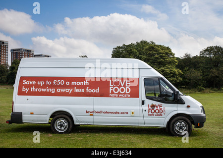 Love Food, Hate Waste, Logo on white van at Africa Oye, Sefton Park, Liverpool, Merseyside, UK Stock Photo