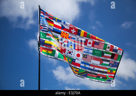 Combined countries Flag of the United Nations, fluttering in the breeze, against a blue sky at Africa Oye, Sefton Park, Liverpool, UK Stock Photo