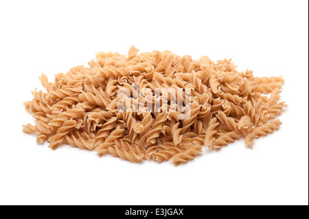bunch of wholemeal flour fusilli pasta, on white background Stock Photo
