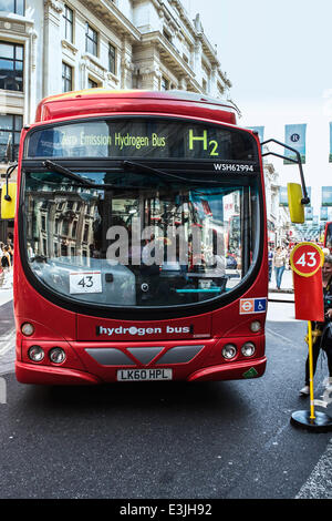 Regent Street, London, UK, 22nd June 2014. 2014 is the Year of the Bus: to celebrate this, Regent Street became traffic free and hosted iconic buses used in London from 1829 to present day.  A red London hydrogen bus powered by hydrogen fuel cells. Hydrogen bus London. RV1. Zero emission bus uk Stock Photo