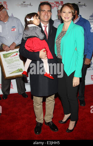 The 82nd Annual Hollywood Christmas Parade on Hollywood Blvd - Arrivals  Featuring: Mayor Eric Garcetti,Amy Wakeland,Maya Garcetti Where: Hollywood, California, United States When: 01 Dec 2013 Stock Photo