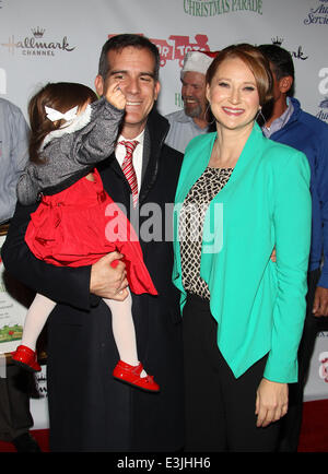 The 82nd Annual Hollywood Christmas Parade on Hollywood Blvd - Arrivals  Featuring: Mayor Eric Garcetti,Amy Wakeland,Maya Garcetti Where: Hollywood, California, United States When: 01 Dec 2013 Stock Photo