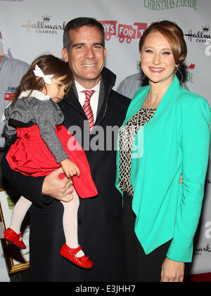 The 82nd Annual Hollywood Christmas Parade on Hollywood Blvd - Arrivals  Featuring: Mayor Eric Garcetti,Amy Wakeland,Maya Garcetti Where: Hollywood, California, United States When: 01 Dec 2013 Stock Photo