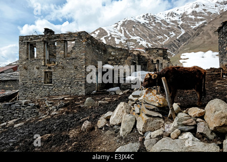 The village of Ushguli one of the highest continuously inhabited settlements in Europe located at the head of the Enguri gorge in Svaneti, recognized as the Upper Svaneti UNESCO World Heritage Site in the Republic of Georgia Stock Photo