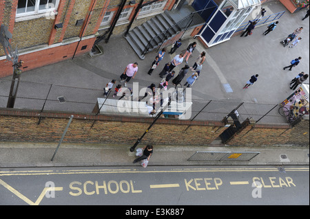 school children arriving for school on first day of new september term. Stock Photo