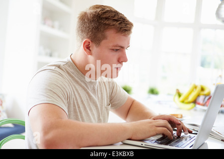 Teenage Boy Studying On Laptop At Home Stock Photo