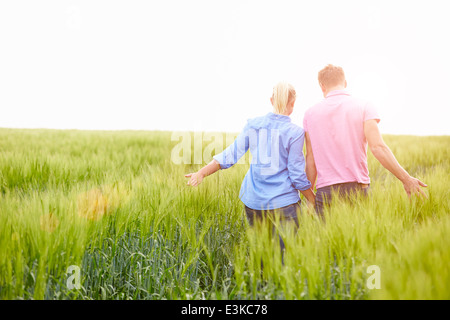 Rear View Of Romantic Couple Walking In Field Holding Hands Stock Photo