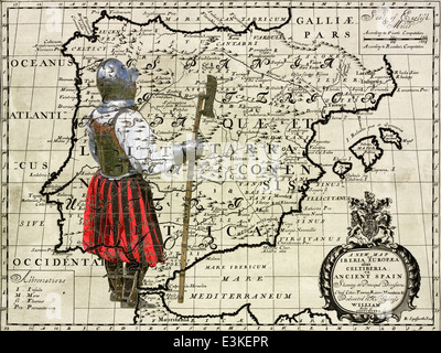 Armored knight with battle-axe - retro postcard on vintage map background Stock Photo