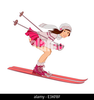 Pin-up girl in pink skirt skiing isolated on a white background Stock Photo