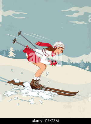 Winter sport poster in retro style with pin-up girl Stock Photo