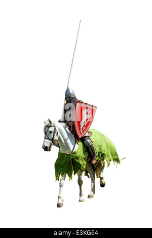 Armoured knight on warhorse with shield and lance isolated on white Stock Photo