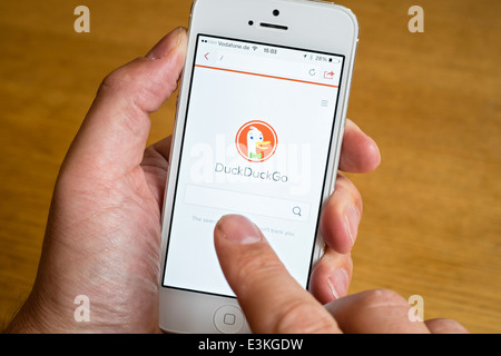 Detail of home screen of DuckDuckGo non tracking search engine app on iPhone smart phone Stock Photo