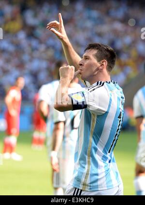 Belo Horizonte, Brazil. 21st June, 2014. Group F match between Argentina and Iran of 2014 FIFA World Cup at the Estadio Mineirao Stadium in Belo Horizonte, Brazil. Lionel Messi (Argentinien) celebrates his goal for 1-0 © Action Plus Sports/Alamy Live News Stock Photo