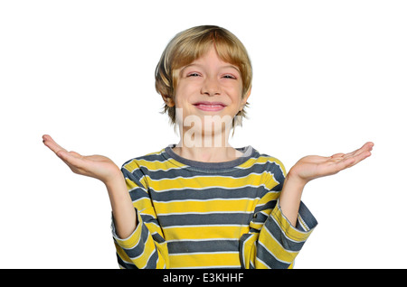 isolated boy holding palm happy Stock Photo