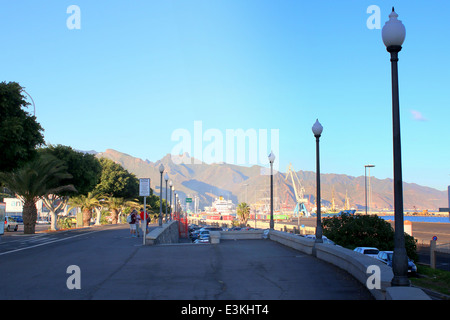 Waterfront and port of Santa Cruz de Tenerife, Tenerife,  with mountains of Macizo de Anaga north of city Stock Photo