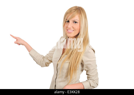 Isolated young business woman pushing button Stock Photo