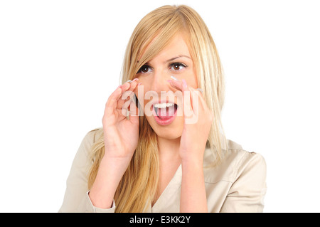 Isolated young business woman announce Stock Photo