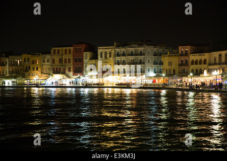 Cityscape and bay in city Chania/Crete/Greece at night Stock Photo