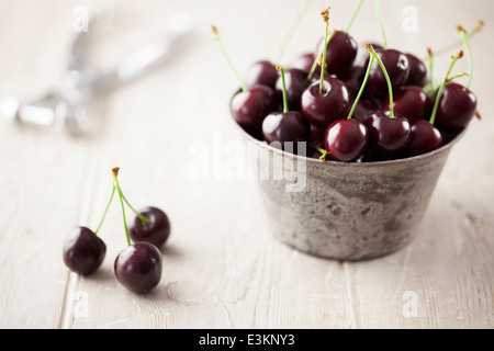 Engilsh Cherries in Metal Bowl Stock Photo