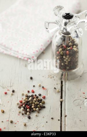 Mixed Peppercorns in Pepper Mill Stock Photo
