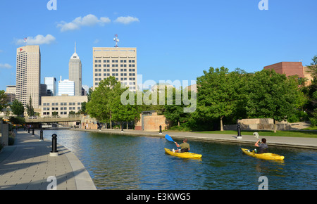 INDIANAPOLIS - JUNE 17: Kayakers enjoy the Central Canal in downtown Indianapolis on June 17, 2014. The three mile loop is a pop Stock Photo