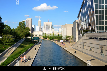 INDIANAPOLIS - JUNE 17: Indianapolis skyline seen from Canal Walk near the Indiana State Museum June 17, 2014. The three mile lo Stock Photo