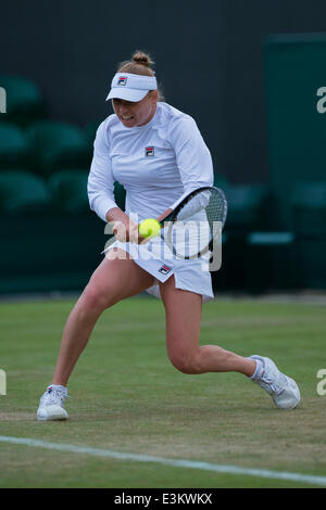 London, UK. 24th June, 2014. Wimbledon Tennis Championships Vera Zvonareva of Russia in action against Tara Moore of United Kingdom during day two ladies singles first round match at the Wimbledon Tennis Championships at The All England Lawn Tennis Club in London, United Kingdom. Credit:  Action Plus Sports/Alamy Live News Stock Photo