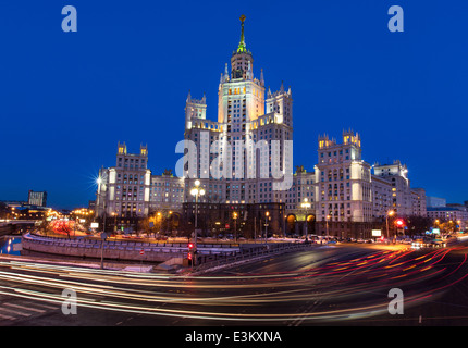 Night view of Stalin skyscraper at Kotelnicheskya embankment in center of Moscow, Russia Stock Photo