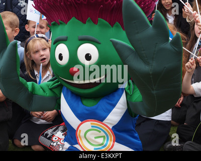 Clyde, The Official Mascot Of The XX Commonwealth Games meets schoolkids from Falkirk District in Callendar Park, Falkirk. Stock Photo