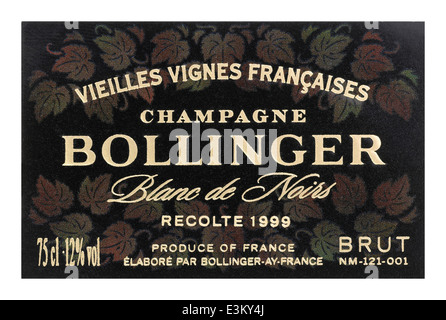 Champagne bottle label for Bollinger Blanc de Noirs 1999 brut Stock Photo