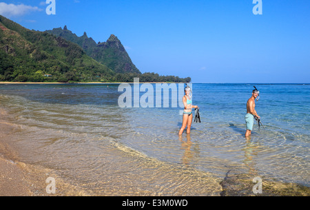 Snorkelers at Tunnels Beach on Kauai Stock Photo