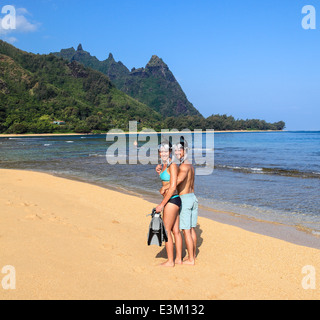 Snorkelers at Tunnels Beach on Kauai Stock Photo