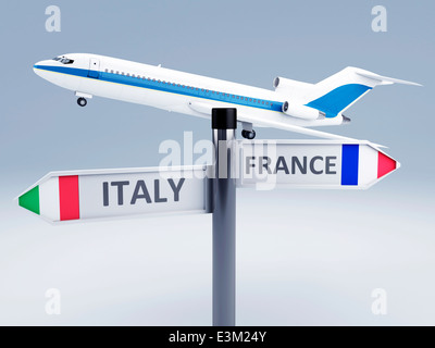 image of airplane and signpost.travel concept 3d