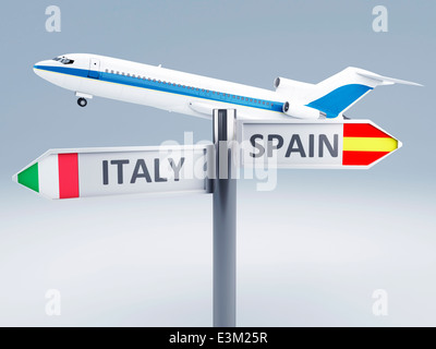 image of airplane and signpost.travel concept 3d