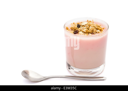 wholegrain muesli on top of strawberry flavor yogurt with clipping path Stock Photo
