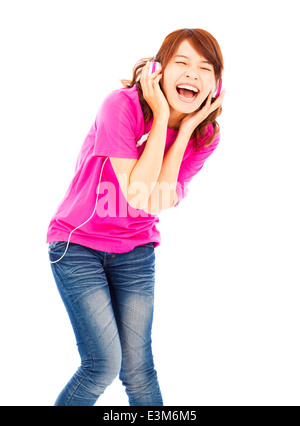 young woman listening to music and happy to singing Stock Photo