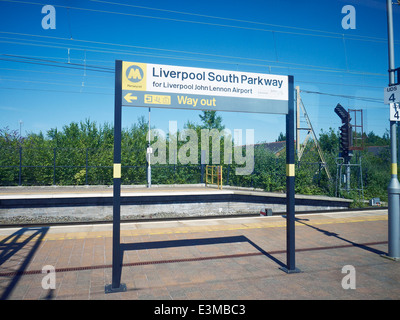 Merseyrail train station sign on Liverpool South Parkway for John Lennon Airport UK Stock Photo