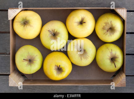 Wooden box of fresh Golden Delicious apples Stock Photo