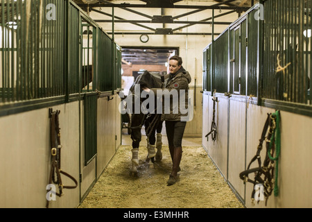 Full length of young man walking with horse in stable Stock Photo